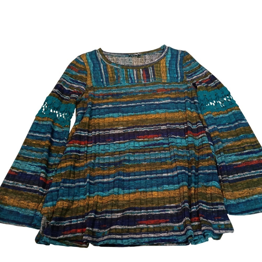 Boho Striped Crochet Bell Sleeve Tunic Top Women's Multicolored